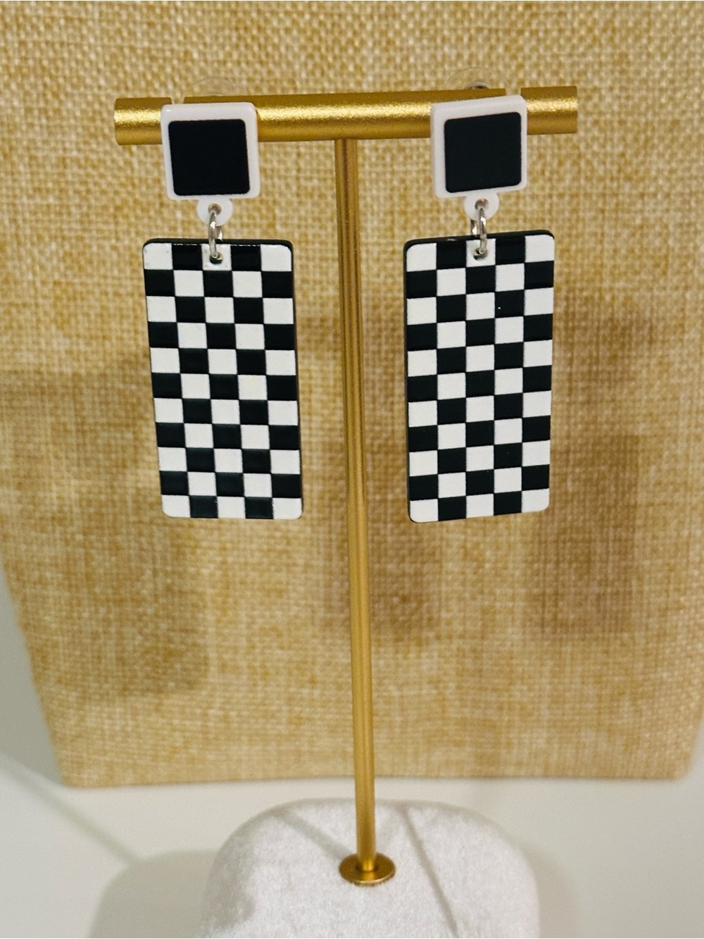 Fashion Jewelry Black & White Checkered Drop Earrings - Picture 3 of 6